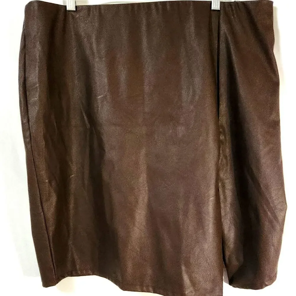 Maree Pour Toi Chocolate Brown Skirt Plus Size 2X Faux Leather Lined Retro Sexy